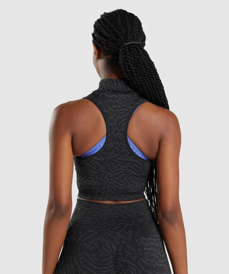 Gymshark Dostosuj Zwierzęcy Bezszwowy Crop 1/2 Zip Hybrydowo-czarny