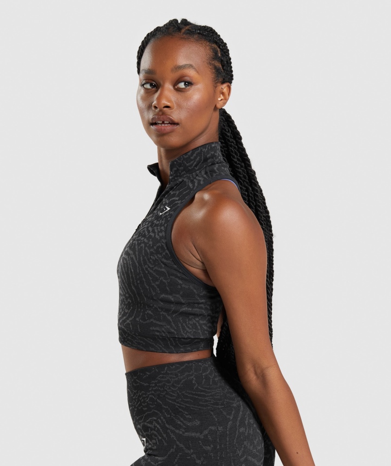 Gymshark Dostosuj Zwierzęcy Bezszwowy Crop 1/2 Zip Hybrydowo-czarny