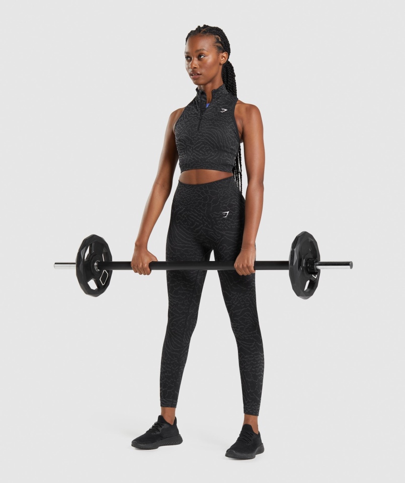 Gymshark Dostosuj Zwierzęcy Bezszwowy Crop 1/2 Zip Hybrydowo-czarny