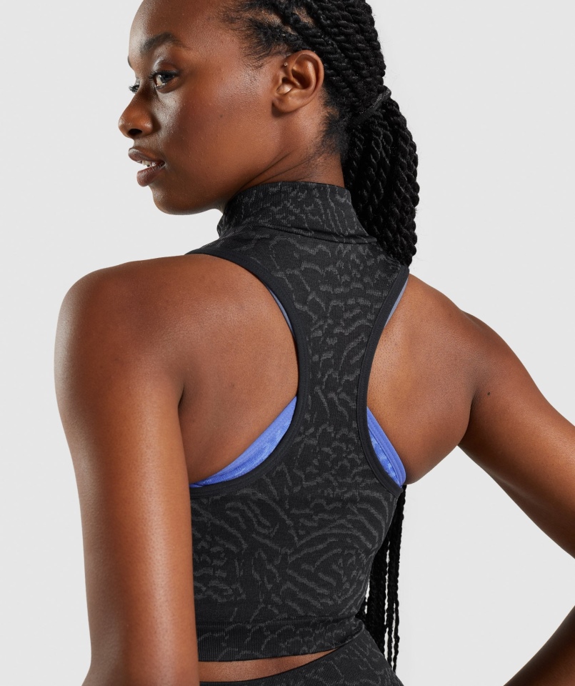 Gymshark Dostosuj Zwierzęcy Bezszwowy Crop 1/2 Zip Hybrydowo-czarny