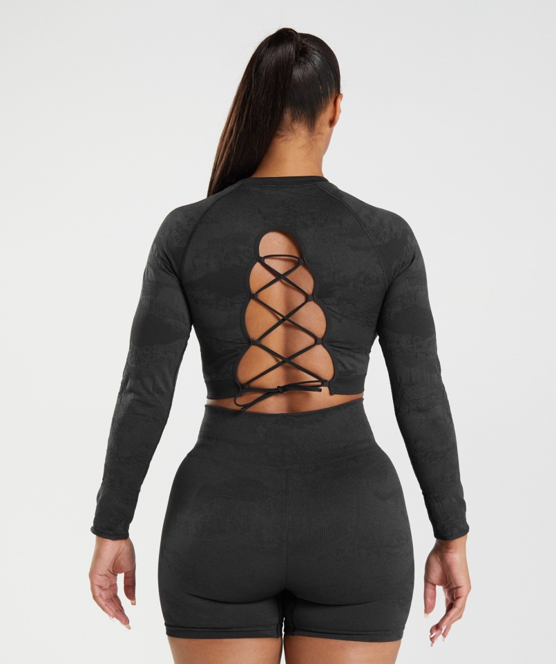 Gymshark Dostosuj Moro Bezszwowe Sznurowane Z Tyłu Top Lawa-czarno-onyksowo-szary