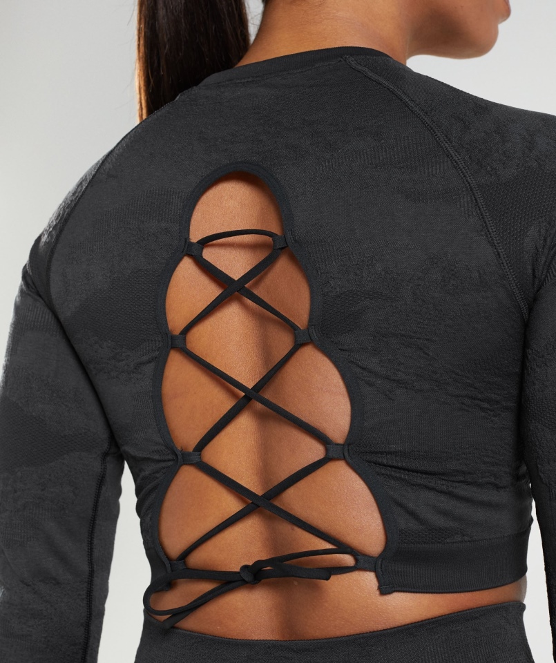 Gymshark Dostosuj Moro Bezszwowe Sznurowane Z Tyłu Top Lawa-czarno-onyksowo-szary