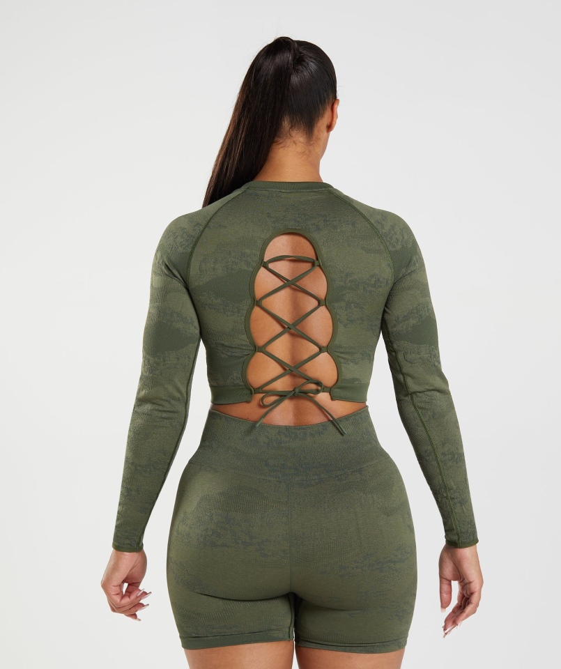 Gymshark Adapt Moro Bezszwowe Zasznurowane Plecy Top Lawa-mech Oliwkowy Rdzeń Oliwkowy