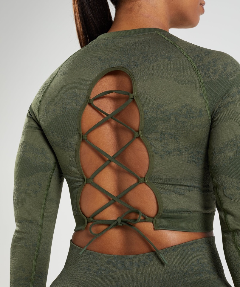 Gymshark Adapt Moro Bezszwowe Zasznurowane Plecy Top Lawa-mech Oliwkowy Rdzeń Oliwkowy