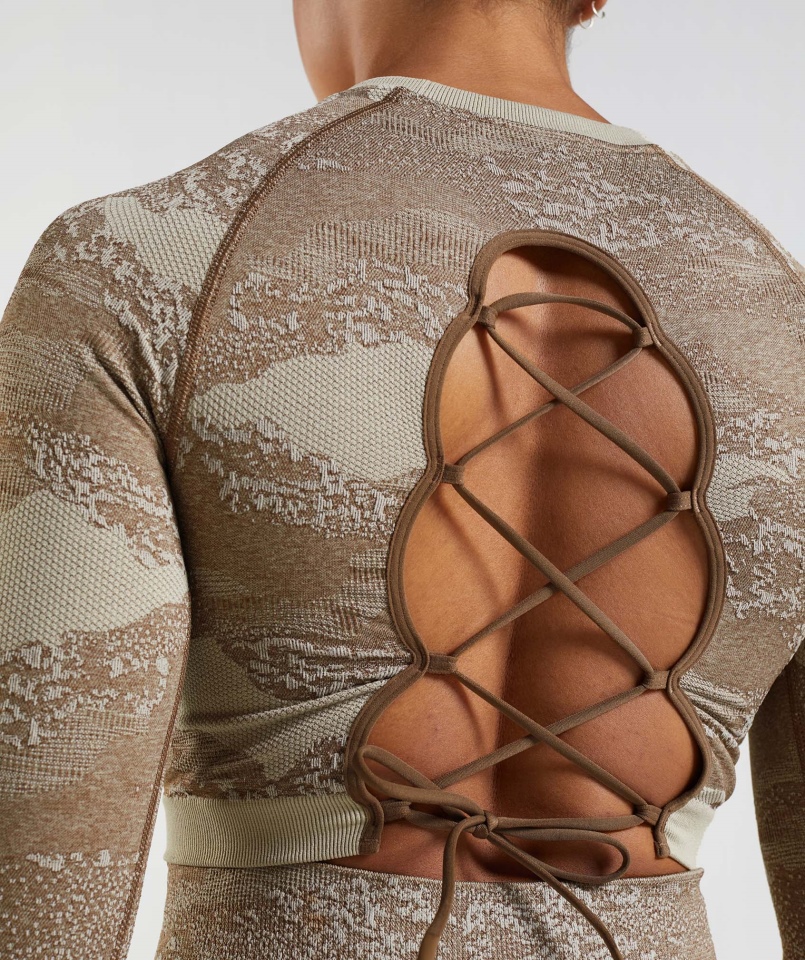 Gymshark Dostosuj Moro Bezszwowe Sznurowane Z Tyłu Top Lawa-pebble Szaro-soul Brown