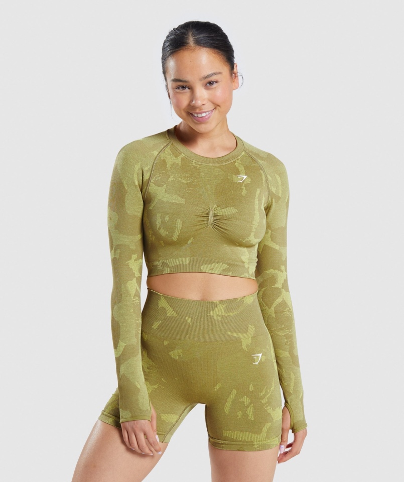 Gymshark Adapt Moro Bezszwowy Krótki Top Z Długim Rękawem Savanna-griffin Green