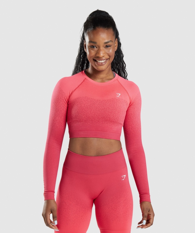 Gymshark Adapt Ombre Bezszwowy Krótki Top Z Długim Rękawem Różowo-czerwony