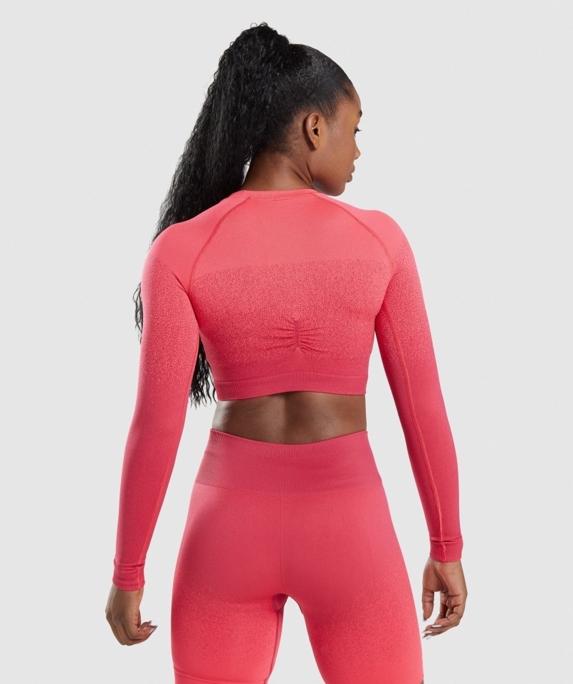 Gymshark Adapt Ombre Bezszwowy Krótki Top Z Długim Rękawem Różowo-czerwony