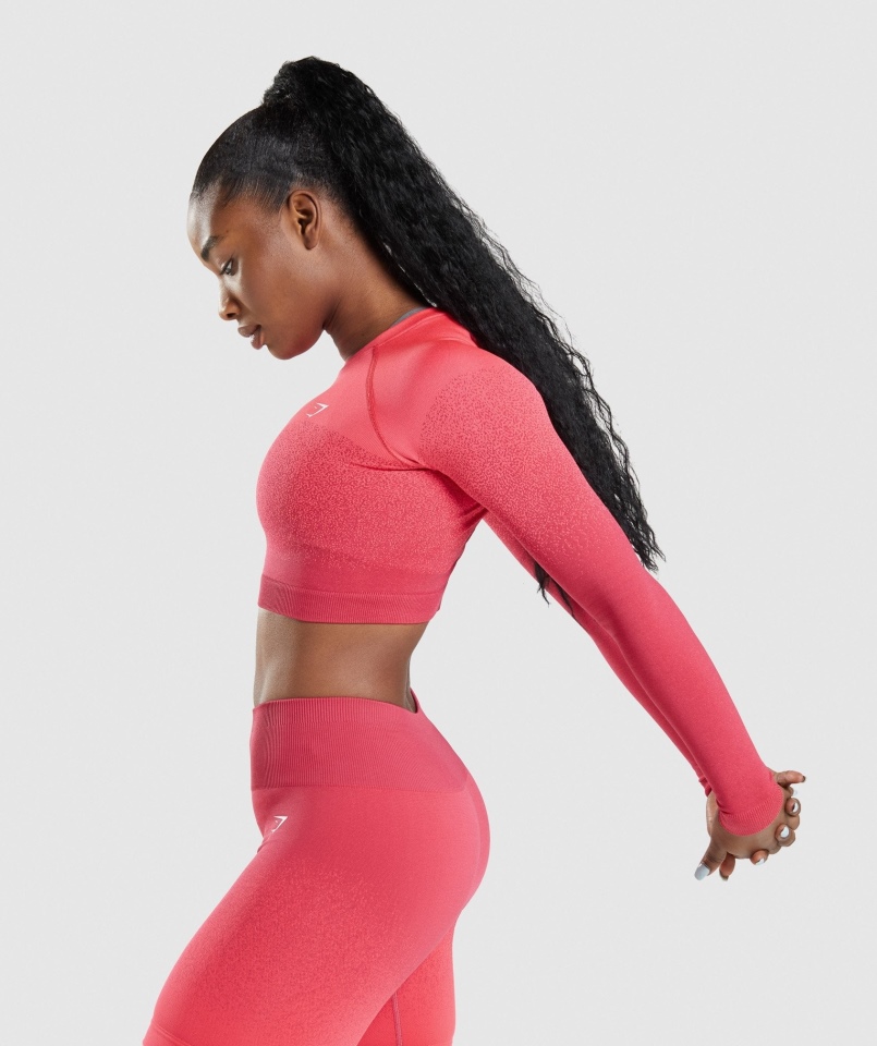 Gymshark Adapt Ombre Bezszwowy Krótki Top Z Długim Rękawem Różowo-czerwony