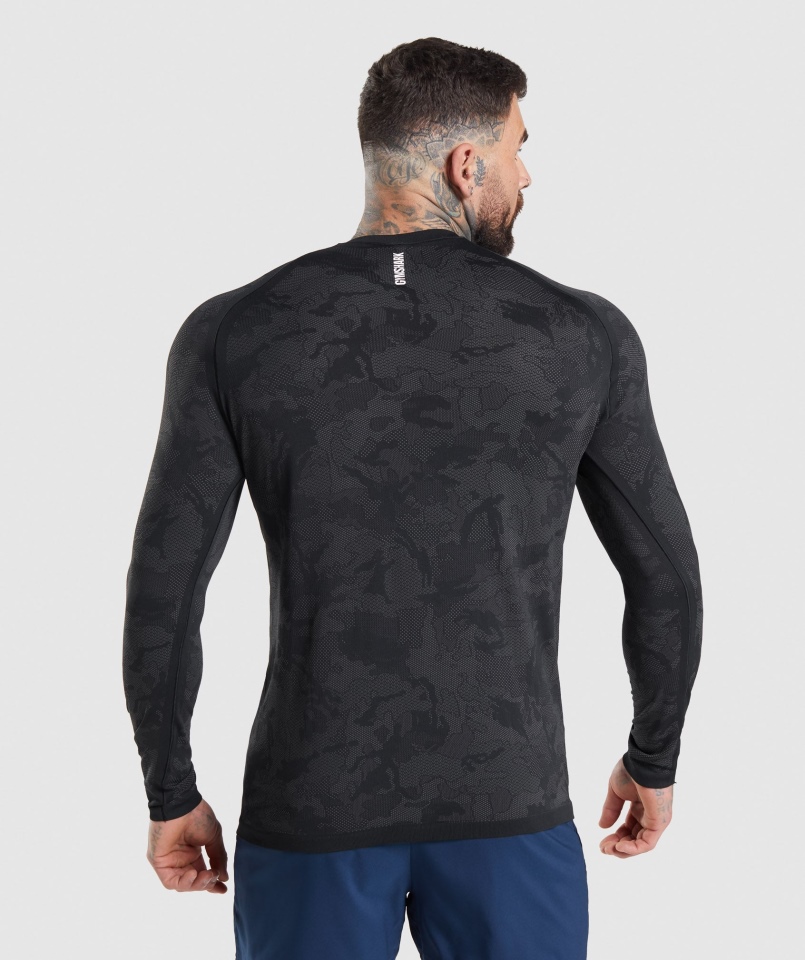 Gymshark Geo Bezszwowa Koszulka Z Długim Rękawem Czarno-węglowo-szara