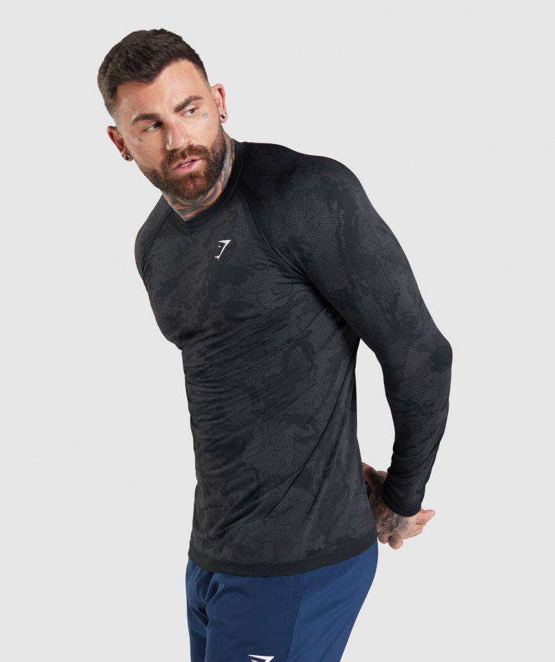 Gymshark Geo Bezszwowa Koszulka Z Długim Rękawem Czarno-węglowo-szara