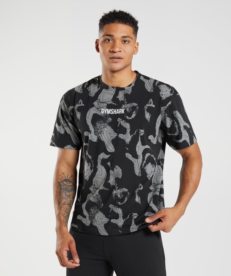 Gymshark Map Print Oversize T-shirt Czarny Nadruk