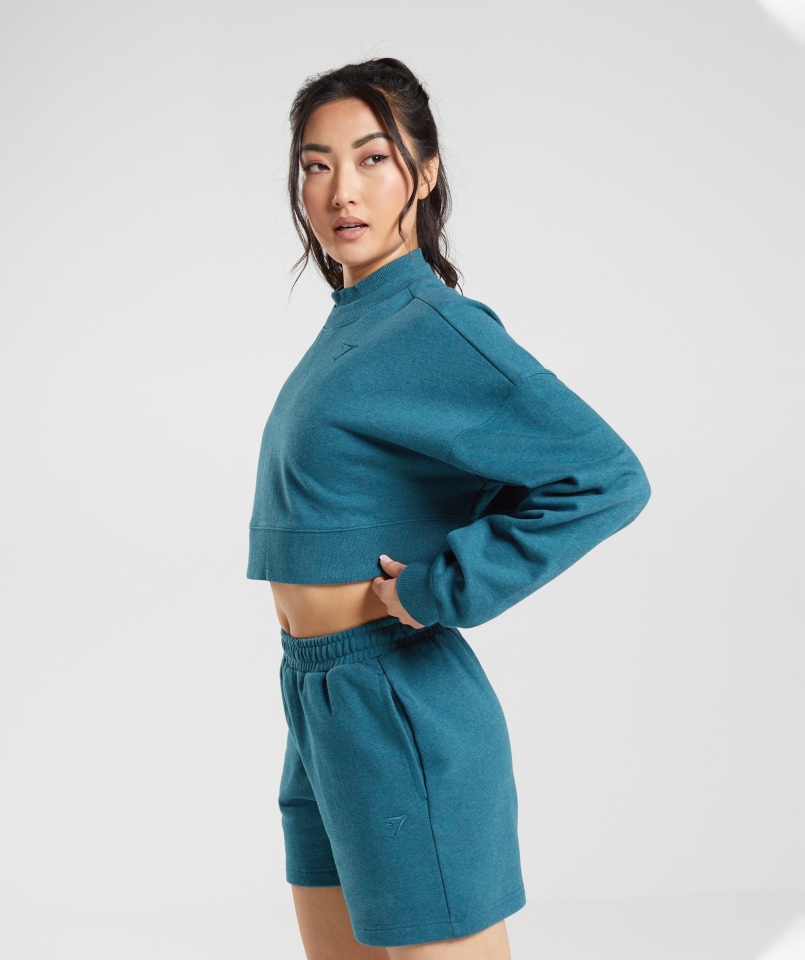Gymshark Dzień Odpoczynku Bluzy Przycięty Sweter Stalowo-niebieski Marl