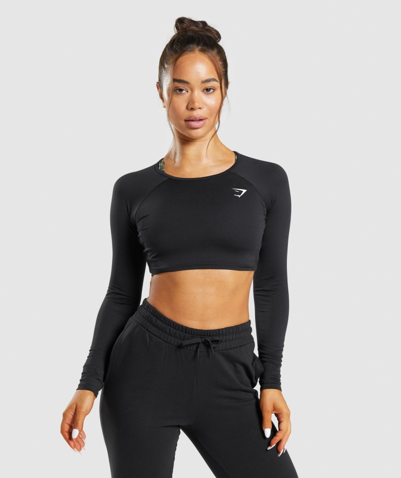 Gymshark Treningowy Krótki Top Z Długim Rękawem Czarny