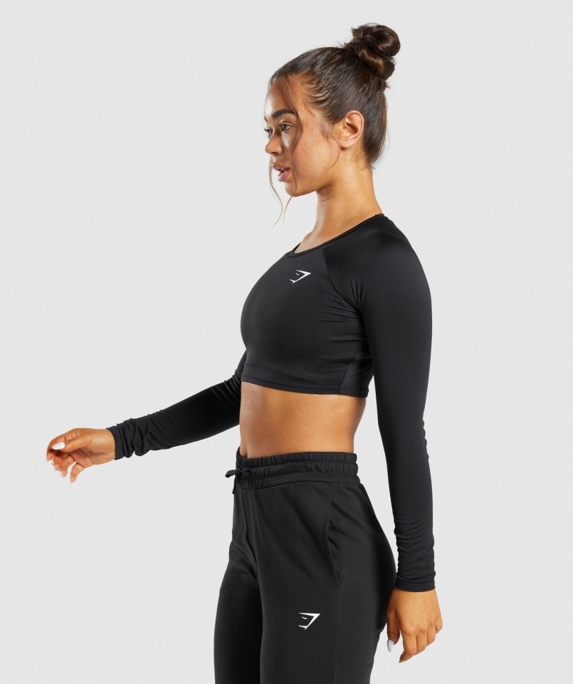 Gymshark Treningowy Krótki Top Z Długim Rękawem Czarny