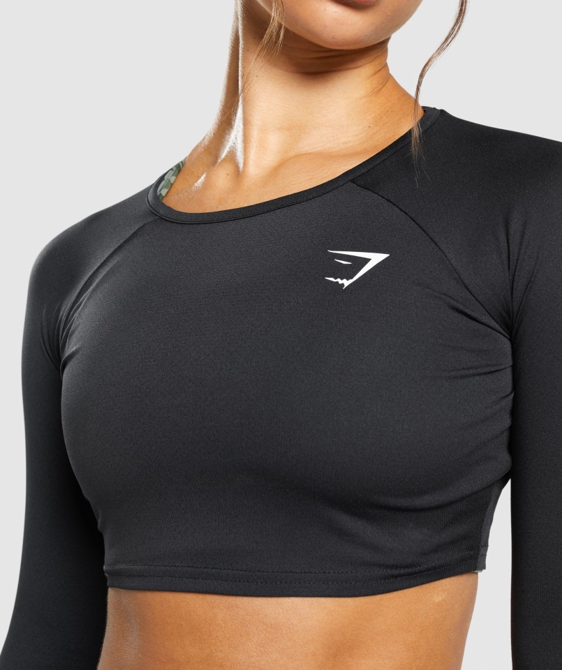 Gymshark Treningowy Krótki Top Z Długim Rękawem Czarny