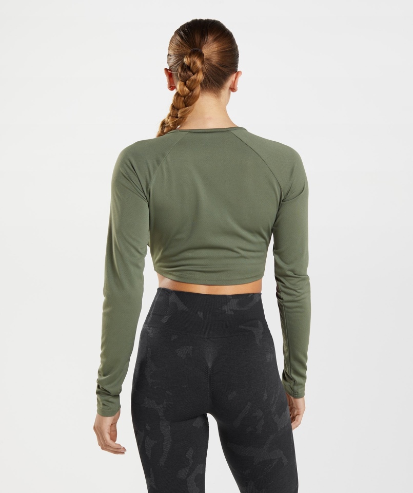Gymshark Treningowy Crop Top Z Długim Rękawem Oliwkowy
