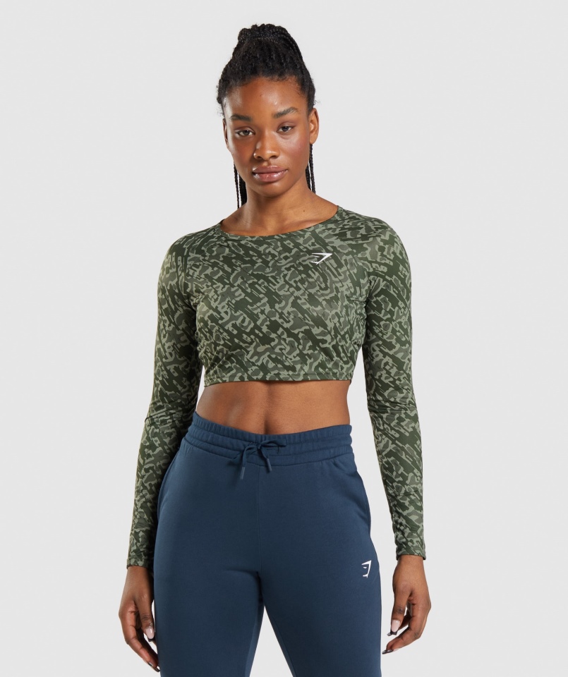 Gymshark Treningowy Crop Top Z Długim Rękawem Zielony Print