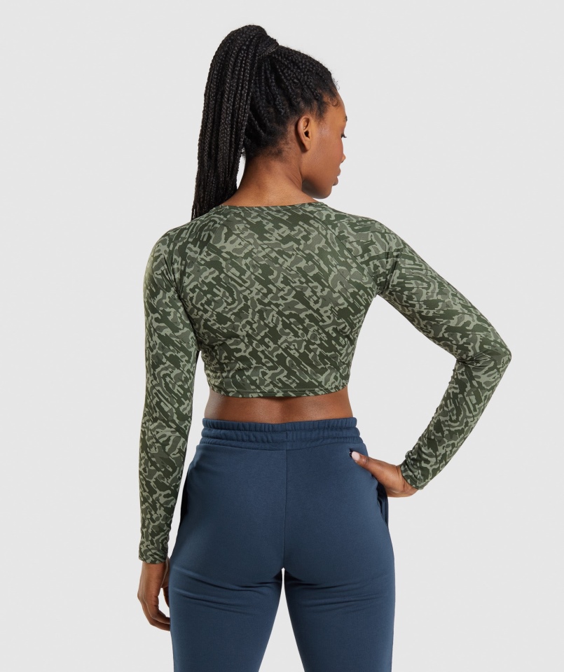 Gymshark Treningowy Crop Top Z Długim Rękawem Zielony Print