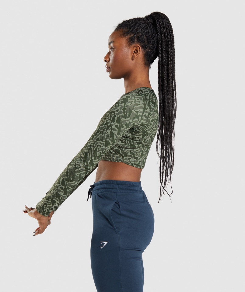 Gymshark Treningowy Crop Top Z Długim Rękawem Zielony Print