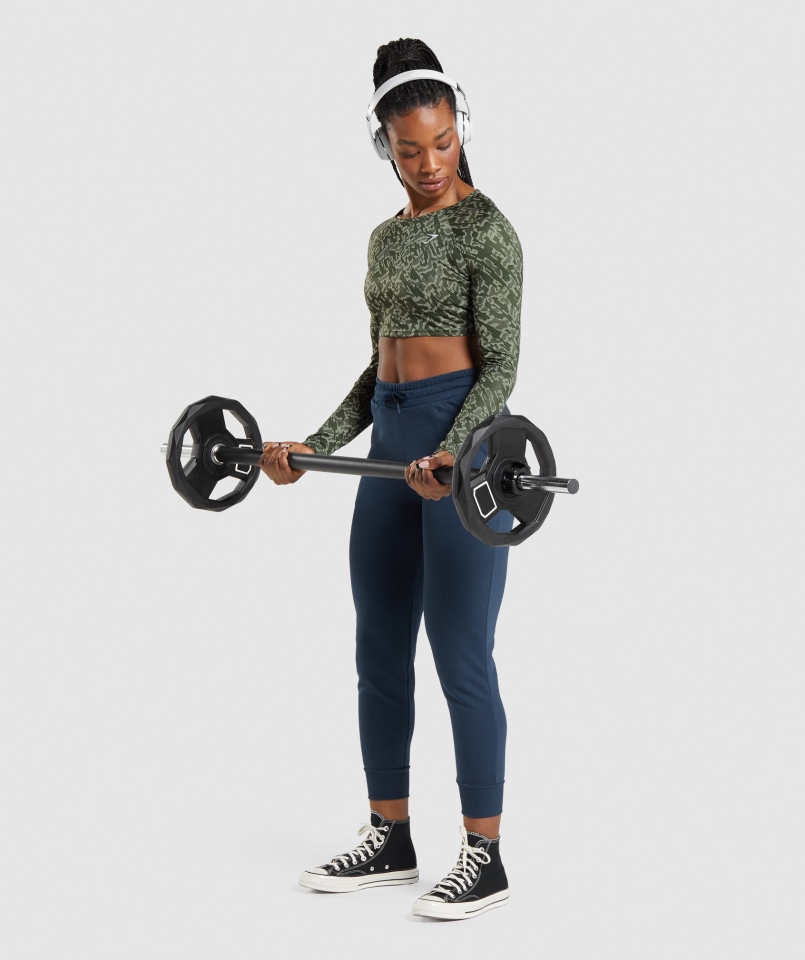 Gymshark Treningowy Crop Top Z Długim Rękawem Zielony Print