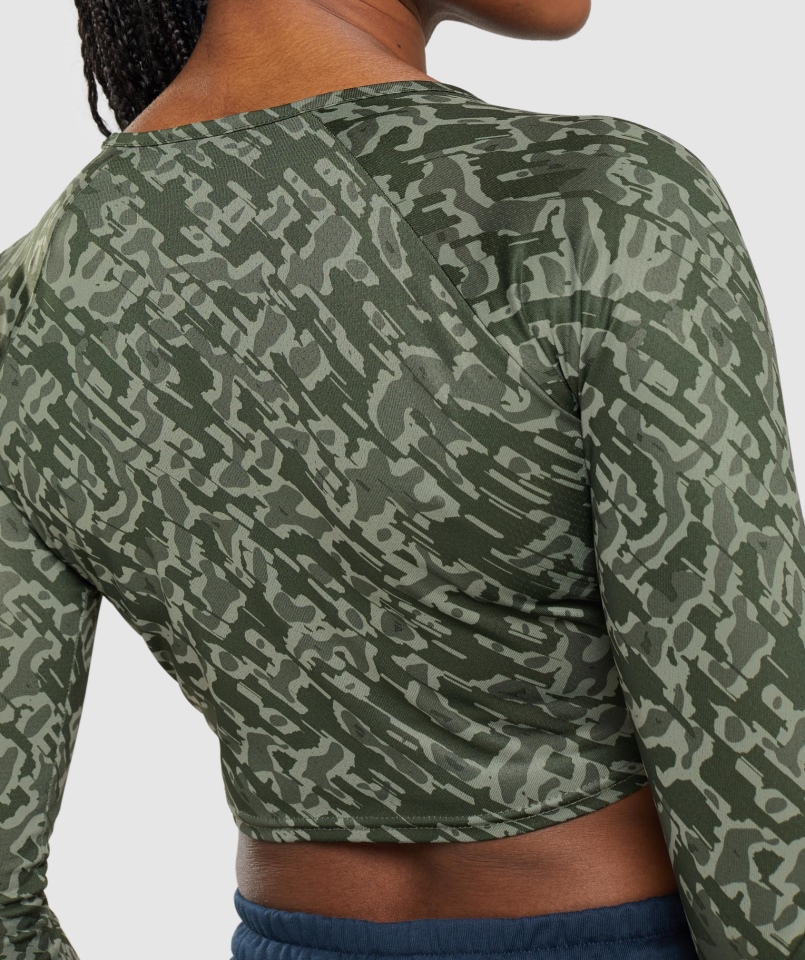 Gymshark Treningowy Crop Top Z Długim Rękawem Zielony Print
