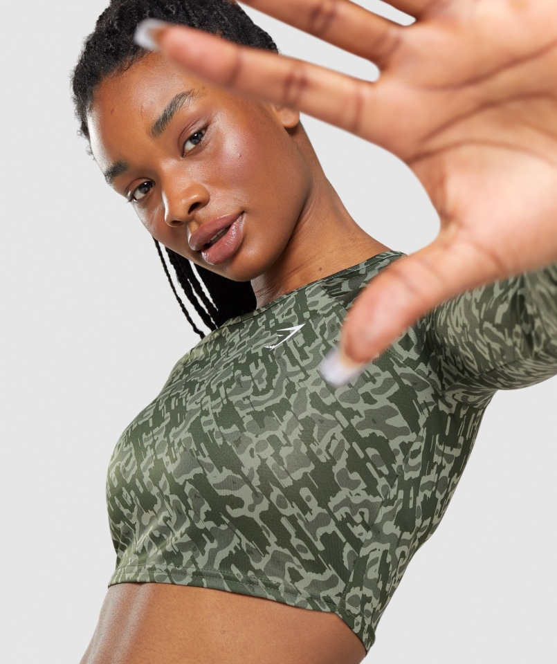 Gymshark Treningowy Crop Top Z Długim Rękawem Zielony Print