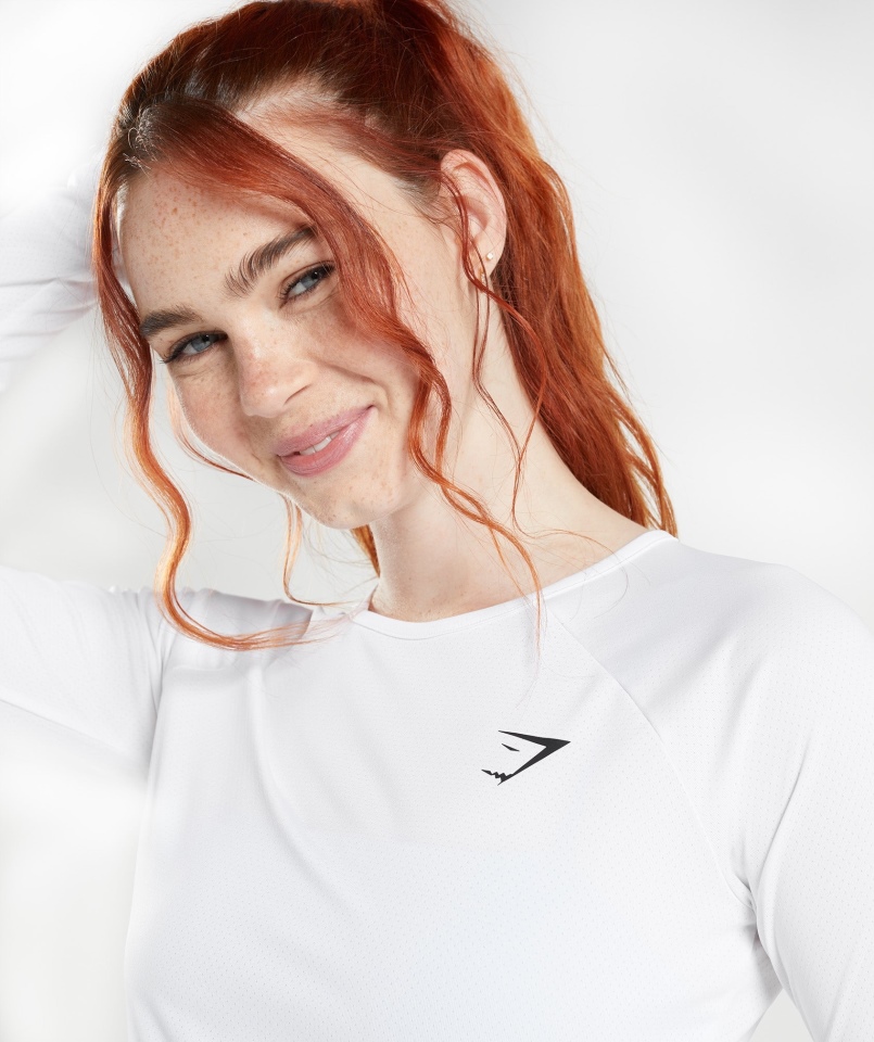 Gymshark Treningowy Krótki Top Z Długim Rękawem Biały