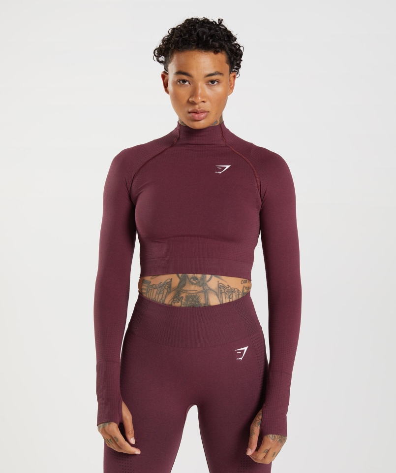 Gymshark Vital Bezszwowa Koszulka Midi 2.0 Z Wysokim Dekoltem Pieczona Bordowa Marl