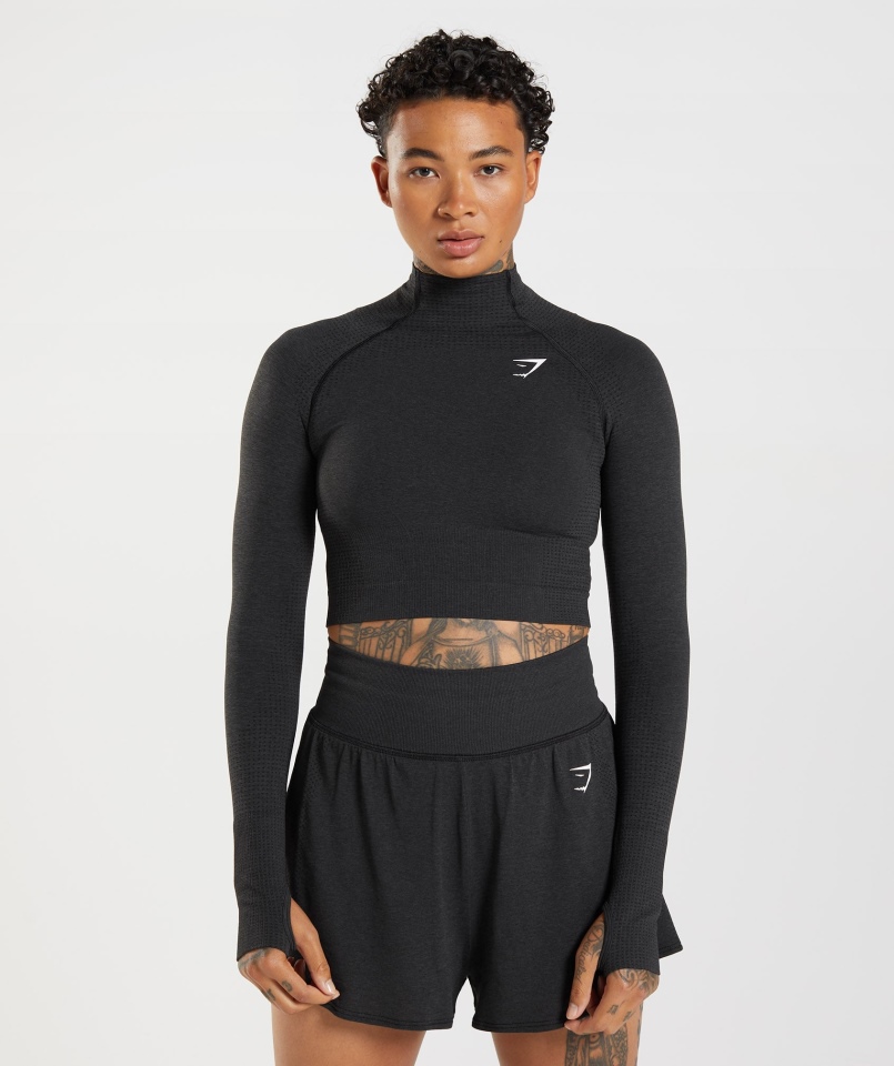 Gymshark Vital Bezszwowa Koszulka Midi 2.0 Z Wysokim Dekoltem Czarna Melanż