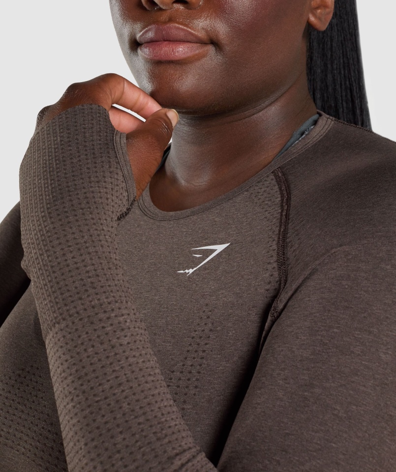 Gymshark Vital Bezszwowa Bluzka Z Długim Rękawem 2.0 Brązowa Marl