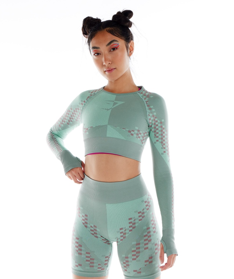 Gymshark Wtflex Cyborg Bezszwowy Crop Top Z Długim Rękawem Maya Niebiesko-różowo-turbo Niebieski
