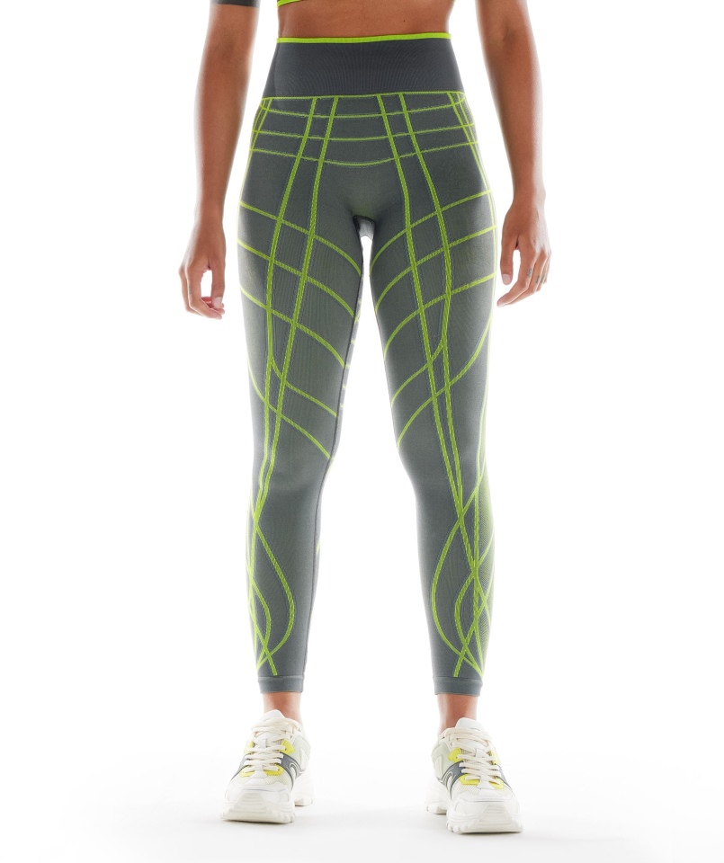 Gymshark Wtflex Liniowe Legginsy Bezszwowe Szaro-fluo Zielono-jasnoszare