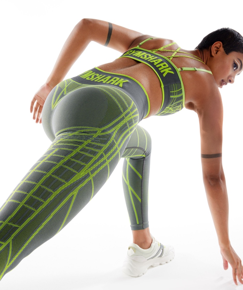 Gymshark Wtflex Liniowe Legginsy Bezszwowe Szaro-fluo Zielono-jasnoszare