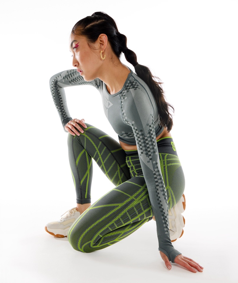 Gymshark Wtflex Liniowe Legginsy Bezszwowe Szaro-fluo Zielono-jasnoszare