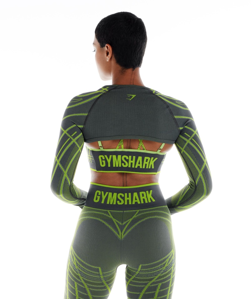 Gymshark Wtflex Liniowy Bezszwowy Długi Rękaw Wzruszający Ramionami Szaro-fluo Zielono-jasnoszary