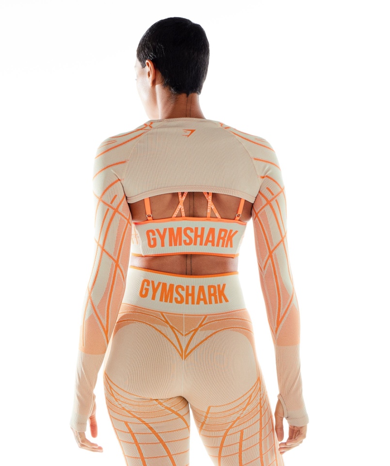 Gymshark Wtflex Liniowy Bezszwowy Długi Rękaw Wzruszający Ramionami Kamyk Szaro-pomarańczowo-biały