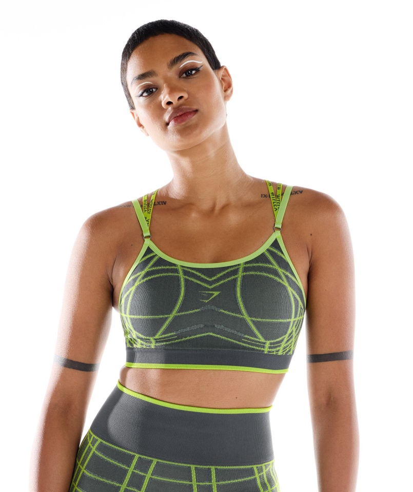 Gymshark Wtflex Liniowy Bezszwowy Biustonosz Sportowy Szaro-fluo Zielono-jasnoszary